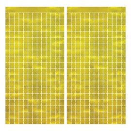 Beistle 2 Piece Metallic Plastic Square Fringed Photo Backdrop Curtains for Birthday Party, Wedding Reception, Graduation Celebration, Baby Theme, Bridal Shower Decorations, 78" x 38.25", Gold