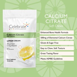 Celebrate Vitamins Bariatric Calcium Citrate Soft Chews with Vitamin D3, 500mg, Sugar-Free & Gluten-Free Calcium Citrate for Bariatric Patients, Lemon Cream, 90 Count