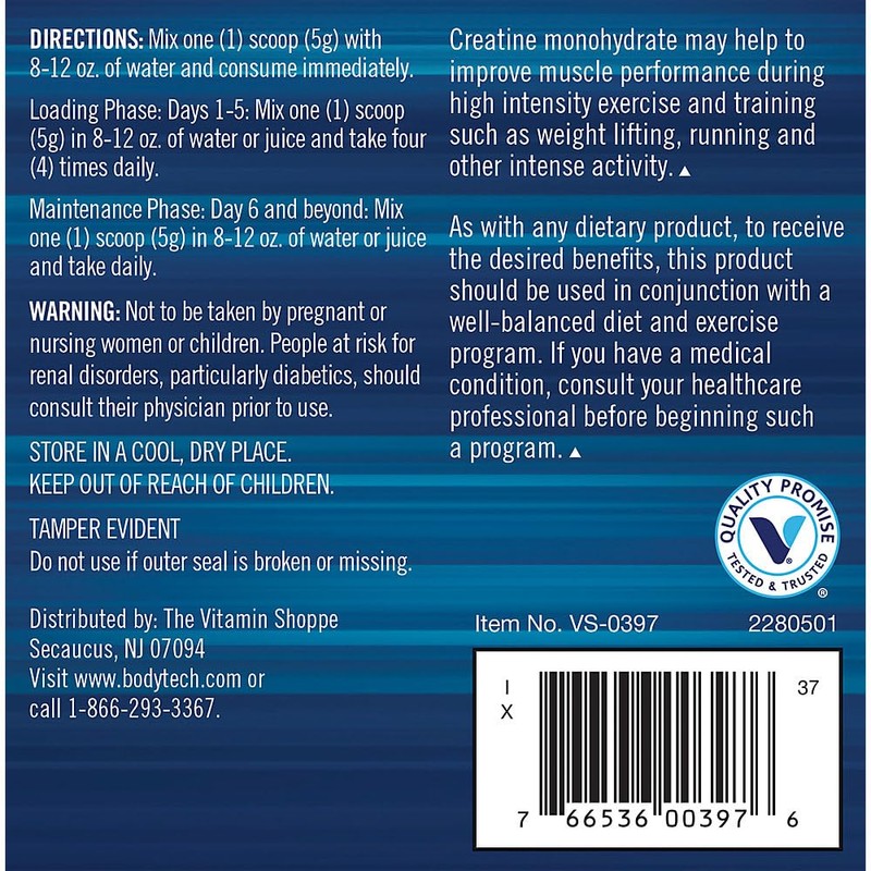 BODYTECH 100% Pure Creatine Monohydrate Powder - Micronized for Maximum