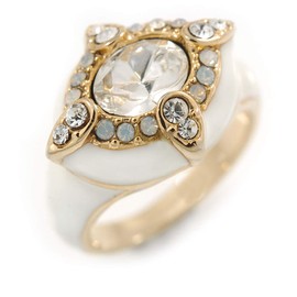 Avalaya Stunning Clear/Milky White Crystal White Enamel Ring - size 7