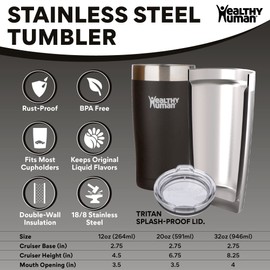 Healthy Human Insulated Stainless Steel Tumbler Travel Cruiser Cup with Straw and Lid 32 oz Pure Black