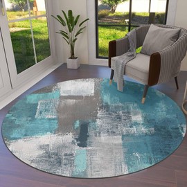 Large Round Area Rug for Living Room Turquoise and Grey Abstract Art Painting Teal Decorative Rug Carpet Floor Mat Yoga Mat for Bedroom Kids Room Home Decor 4 ft
