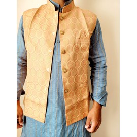 Estationeryhouse Men's Indian Pakistani Silk Waistcoat, Modi Jacket, Nehru Style, Fancy Koti, Ethnic Outfit, Brocade Material (UK, Numeric, 40, Regular, Regular, Peach)