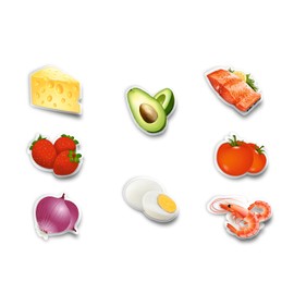 Imanes para refrigerador. 8 Figuras de Alimentos sanos. Incentiva una Buena alimentación en la Familia. Hechos en acrilico de Alta Resistencia a caídas e inofensivo al Tacto. 8 Piezas por Paquete.