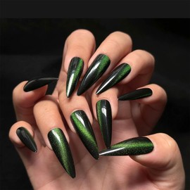 Stilettos Press on Nails Green Cat Eye Fake Nails Long Ballerina Glue on Nail Glossy Full Cover Stick on Nail for Women Artificial Acrylic Manicure