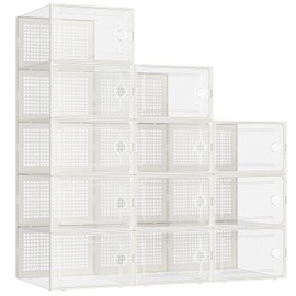 Kuject Large Shoe Organizers Storage Boxes for Closet, 12 Pack Clear Plastic Stackable Storage Bins with Lids, Under Bed Shoe Containers for Entryway, Fit up to Women's Size 10,Black,Off-white