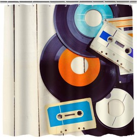 PAEOT Music Records Shower Curtain Gramophone Indie Old Audio Cassettes on Woodern Table Nostalgia Music Bathroom Decor 72x72Inches Washable Fabric Shower Curtains Sets with 12 Hooks