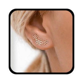 Vacaonio Bohemia Gold Flower Ear Climber Earrings Tiny Hollow Flower Earrings Floral Flower Stud Earrings Daisy Flower Climber Crawler Earrings Jewelry for Women