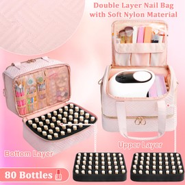 Veirdro Nail Polish Organizer Bag Holds 80 Bottles (15ml/0.5fl.oz)& Nail Lamp, Soft Velvet Nail Kit Storage Carrying Case with Shoulder Strap, Double Layer Nail Supplies Organizer Handbag Women Black