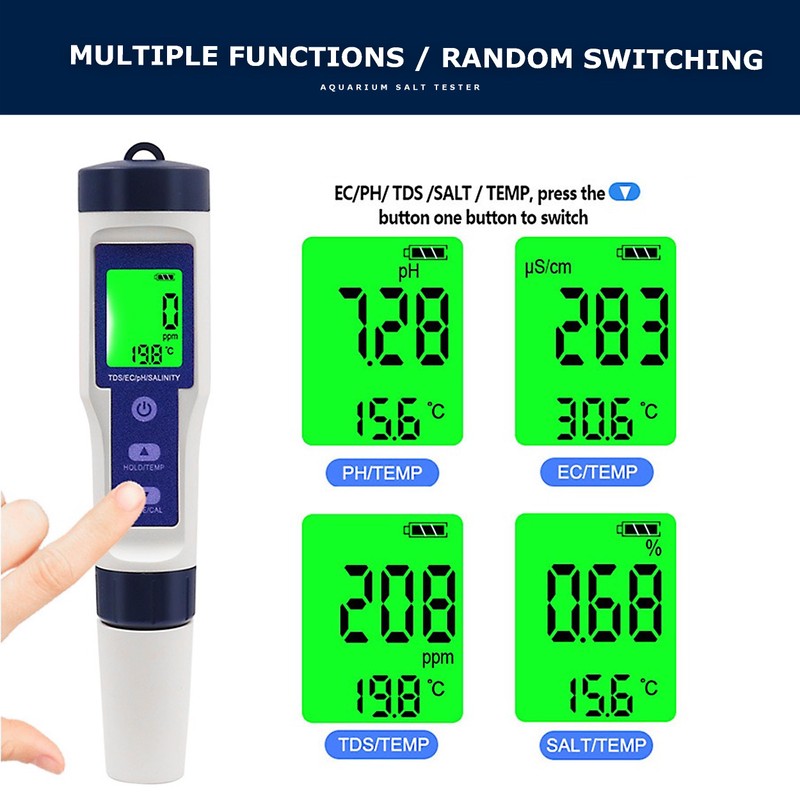 5-in-1 Digital Salt Tester for Aquarium and Pool TDS, pH,