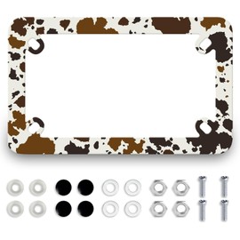 Brown Cows Print Motorcycle License Plate Frame Stainless Steel Metal Colorful Retro Cow Tag Holder 4 Holes Men Women Waterproof Motorcycle Accessory with Screws Nuts Cap 7.7"x4.5"for Bike Motorcycle