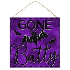 Craig Bachman, 10" Wooden Sign: Gone Batty - Halloween Purple Black Bat Wood Wall Door Hanger Sign