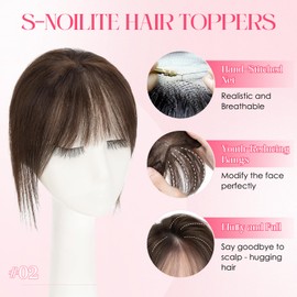 S-noilite Real Human Hair Topper with Bangs 360°3D Cover Hair Toppers for Women with Wispy Bang Dark Brown Clip on Bangs for Daily Wear