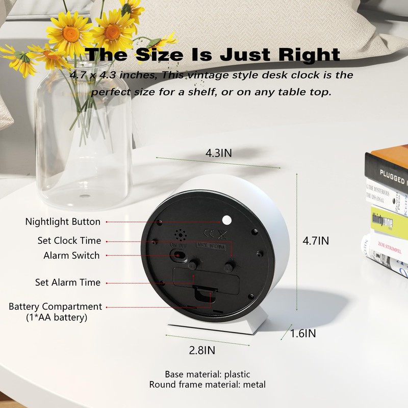 AYRELY® 4.5" Analog Alarm Clock,Small Retro Desk Clock Battery Operated,Slient