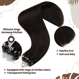 Hetto Brown Micro Ring Real Hair Extensions, Remy Real Hair Micro Extensions, Cold Fusion Micro Extensions, Real Hair #2 Darkest Brown 50 g 45 cm
