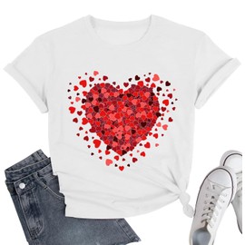Womens Valentines Shirt Pink Love Heart Graphic Tshirts Funny Teen Girl's Holi Vacation Casual Outfit White