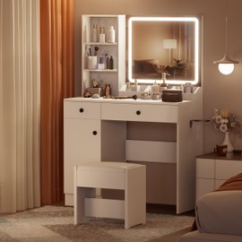 NUNU LAB 39 Inchs Small Vanity Desk with Mirror and Lights with 2 Drawers, Women Makeup Table with Power Outlet, 3-Color Adjustable Lighting for Bedroom