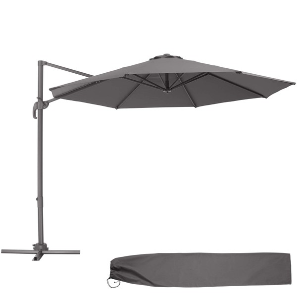 TecTake 800684 Cantilever Garden Balcony Parasol with Stand, Aluminium, Diameter 300 cm, Tilt and Height Adjustable, UV Protection 50+ + with Protective Cover, Grey | no. 403789