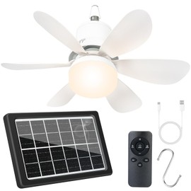 WVMNQO Portable Solar Ceiling Fan with Light & Remote, Dual Type-C/Solar Charging, 3CCT, 5 Brightness, 3 Speeds, 2/4/8H Timer, Tool-Free Setup, 30dB Quiet, Memory Function, 18.5" for Camping, Outdoor