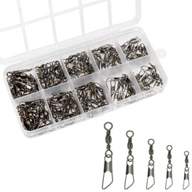 OKVGO Fishing Barrel Swivel with Interlock Safety Snap, Copper Alloy Solid Ball Bearing Swivels Snaps Connector for Quick Connect Lures Fishing Tackle Box Kit Size 6# 8# 10# 12# 14# Style A (100)
