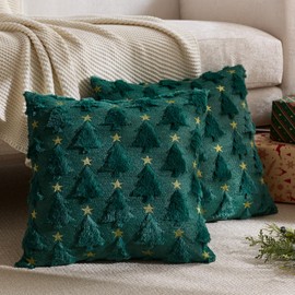 yeshttdy Christmas Tree Pillow Covers 20x20 Inch Set of 2 Green Xmas Plush Faux Fur Wool Decorative Throw Pillow Cover Winter Holiday Pillow Case for Sofa Couch Living Room Decorations