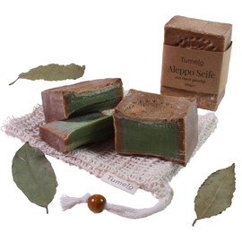 TUMELO Original Aleppo Soap 4 x 200 g (800 g) 95% Olive Oil 5% Laurel Oil + Sisal Soap Bag, Handmade Olive Oil Soap Natural Soap