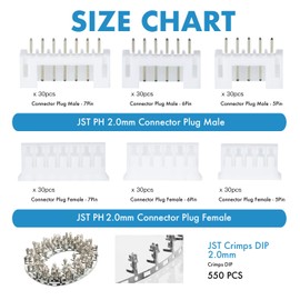 730 Pieces 2.0mm Pitch Female Pin Header, JST PH - 5 / 6 / 7 Pin Housing JST Adapter Cable Connector Socket Male and Female Kit.
