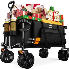 Uyittour Collapsible Wagon Cart Heavy Duty Foldable, Folding Beach Wagon with Big Wheels for Sand, Utility Grocery Cart with Side Pocket and Brakes for Camping Sports Outdoor Activities, Black
