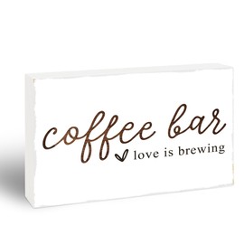 Coffee Bar Love Is Brewing Wooden Sign - 4" x 6" Farmhouse Pinewood Block Decor - Tabletop Rustic Coffee Bar Decor For Home Kitchen - Housewarming Gift For Family & Friends - C04