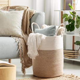 KODOMOORE Laundry Basket Hamper – Woven Cotton Rope Nursery Hamper for Toys, Clothes, Blankets, Yoga Mat – Boho Basket for Living Room, Bedroom – 16”D x 22”H – White & Beige Brown