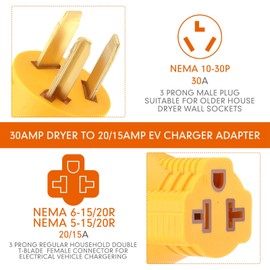 Kanayu 30 Amp to 20 Amp Dryer to EV Charger Adapter NEMA 10-30P to 5-15/20R or 6-15/20R, 30Amp 3 Prong Dryer Plug 10-30P to 240V 6-20R 6-15R 5-15R 5-20R T-Blade for EV Charging, HVAC, Industrial