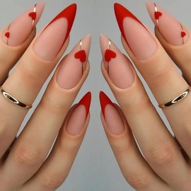 Long Heart Pattern Almond Fake Nail with Tape & Nail File, 24pcs/set Removable Reusable Matte Press on Nails, Stick on Nails Kit for Diy Nail Art