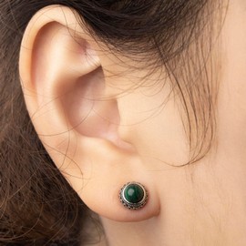 Small Genuine Malachite 925 Sterling Silver Hypoallergenic Studs Earrings Jewelry for Women Dainty Trendy Antiqued Silver Earrings Jewelry Gifts for Women and Young Lady Her Keenove