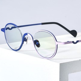 FONEX Colorful Pure Titanium Glasses Frame Women Retro 3/4 Round Eyeglasses Vintage Optical Eyewear F85745 (F85745 Pink Blue)