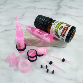 BodyJ4You 48PC Ear Stretching Kit - 14G-00G Beginner Gauges - Aftercare Jojoba Oil - Pink Clear Marble Acrylic Plugs Tapers Silicone Tunnels - Lightweight Expanders Men Women
