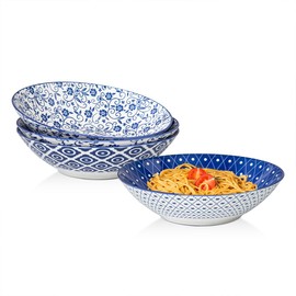 Cerkik Ceramic Pasta Bowls Set - 40 Oz Porcelain Large Salad Bowls Serving - 9 Inch Wide Shallow Plate Bowls for Eating - Housewarming Wedding Gift - Oven Dishwasher Safe - Set of 4 - Vintage Blue