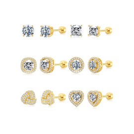 M MOOHAM Stud Earrings for Women Men - Hypoallergenic 14k Gold Flat Back Studs Earrings for Sensitive Ears Gold Stud Cubic Zirconia Earring Sets for Women Mens S925 Post Earring Jewelry Gifts