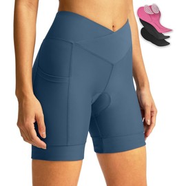 Women's Bike Shorts 4D Padded Cycling Shorts Crossover Waist Biking Shorts with Pockets Bicycle Riding (Bluegrey M)