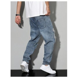 Verdusa Men's Vintage Distressed Ripped Jeans Straight Leg Denim Pants with Pockets Blue Large