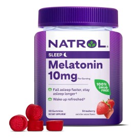 Natrol, Melatonina, Fresa, 10 Mg, 90 Gomitas, Melatonina Es Una Ayuda Para Dormir Nocturna Que Ayuda Con El Insomnio Ocasional. Para Amanecer Fresco  