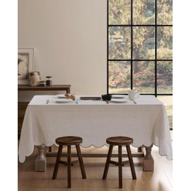 AORISSI 100% Pure Linen Scalloped Embroidery Rectangle Tablecloths 84Lx60W Inch for Dinners, Parties, Spring, Machine Washable, 6-8 Sets, Linen(Edges-Green)