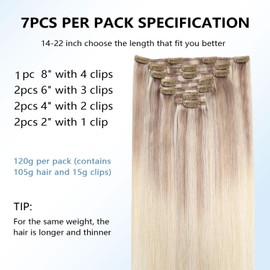 COOKAYU Clip in Hair Extensions Human Hair, 18/22/60 Ombre Real Hair Extensions Clip in Human Hair Thick Silky Straight, 14inch 120g 7Pcs