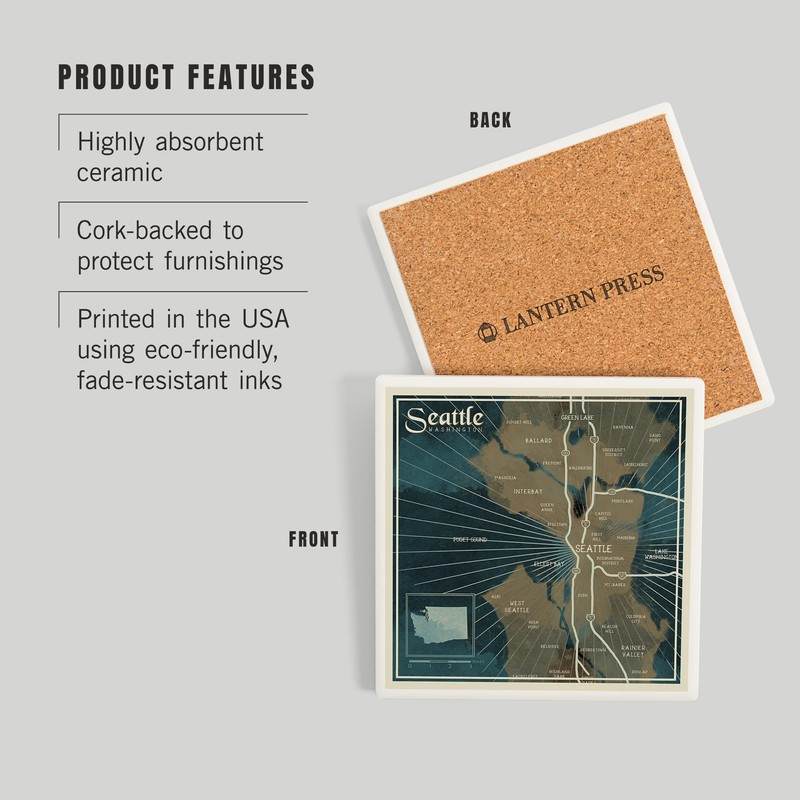 Seattle, Washington, Nautical Map (Absorbent Ceramic Coaster, Single, Cork Back,