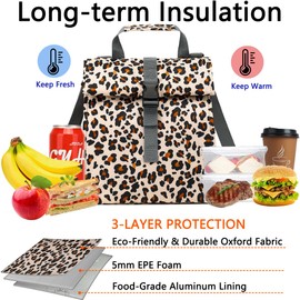 GYEUKHAM Leopard Insulated Lunch Bag for Men/Women/Kids, Reusable Rolltop Lunch Box with Adjustable Shoulder Strap, Thermal Lunch Cooler Tainer for School/Picnic/Travel