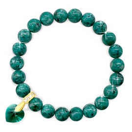 { Georgiadis } - 8mm Bead Natural Marble Gemstone Bracelet with Austrian Crystal Heart Charm, 18K Gold Plating, Healing Stone, Self-Empowerment, Grounding and Increase Abundance, Gift, Love, Bracelet for Women (Green, 21cm)