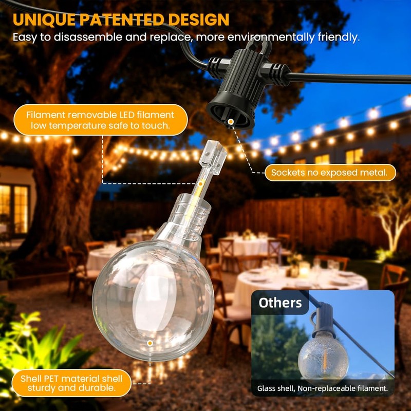 50FT Solar String Lights Outdoor Waterproof IP65 with USB-Charging ,