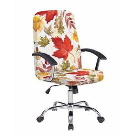 DecorLovee Fall Botanical Office Chair Covers Stretchable Computer Gaming Chair Cover, Red Orange Green Maple Leaf Thanksgiving Desk Chair Covers Removable Rotating Chair Slipcover with Zipper, L