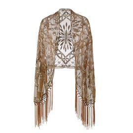 Metme Women's 1920s Scarf Wraps Sequin Deco Fringed Wedding Cape Evening Shawl Vintage Prom (Coffee Gold)