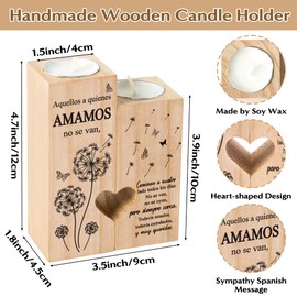 Zainpe Spanish Sympathy Candle Holders for Loss of Loved One, Wooden Heart Condolence Remembrance Keepsake Candlestick Table Decor for Mom Dad Grandma Friend, Spanish Memorial Bereavement Present