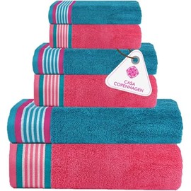Casa Copenhagen He & She 6 Pieces Towel Set- Teal + Pink, 550 GSM 2 Bath Towel 2 Hand Towel 2 Washcloth, Designed in Denmark Made of Soft Egyptian Cotton for Bathroom, Kitchen & Shower